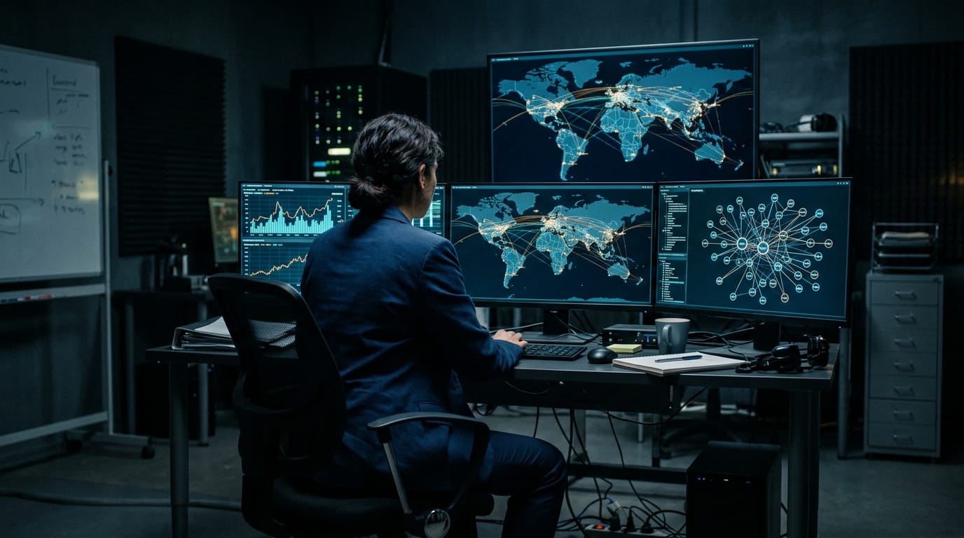 An analyst, seen from behind, reviewing monitors that show a world map with connections between countries, transaction flow charts and link-analysis diagrams.